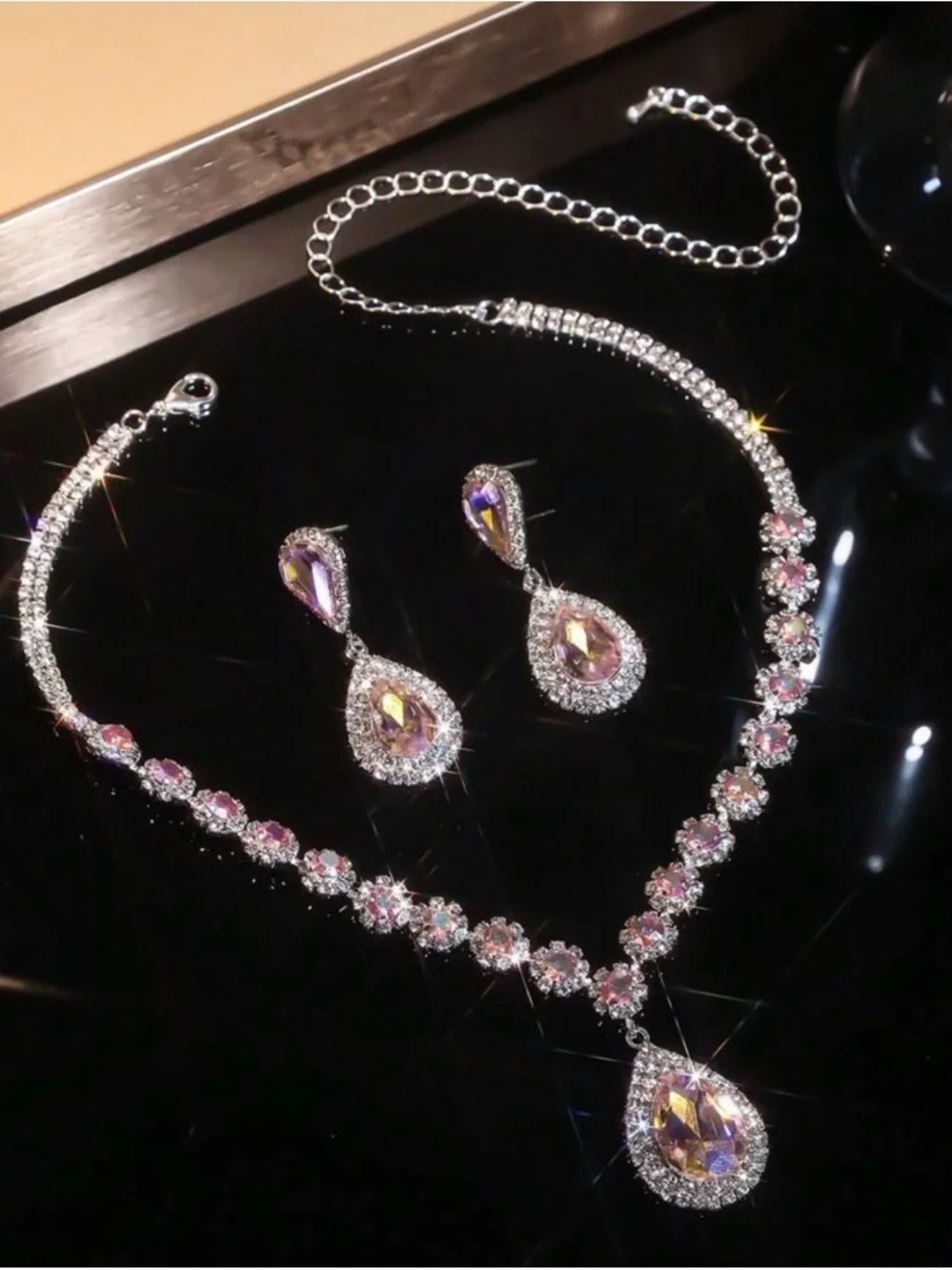 Elegant Pink Crystal Teardrop Necklace and Earring Set